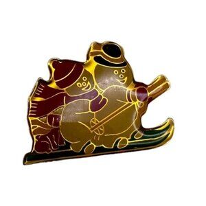 Vintage Snowman Snowwoman Puppy on Skis Skiing Pin Brooch Christmas Holiday